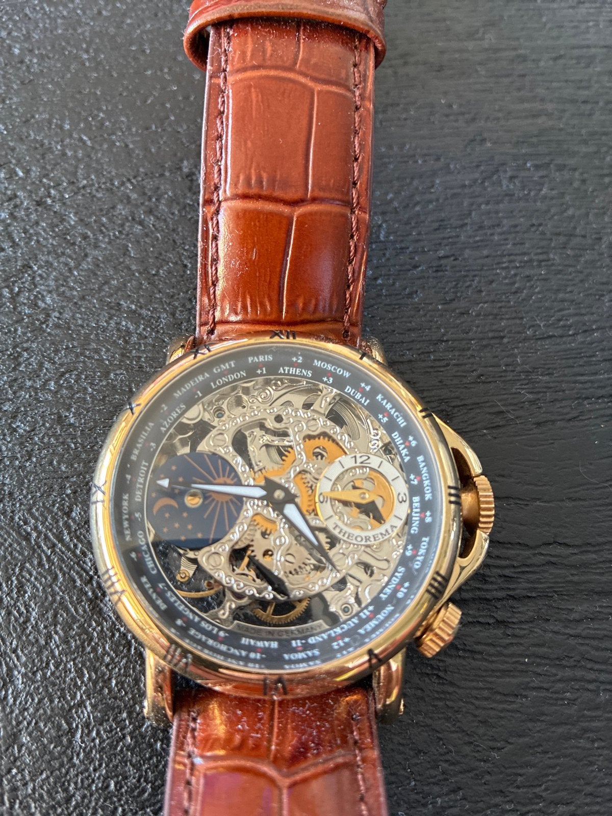 Theodora Sao Paulo GM-103-2 Goudkleurige Herenhorloge, Overige merken, Leer, Verzenden, Polshorloge