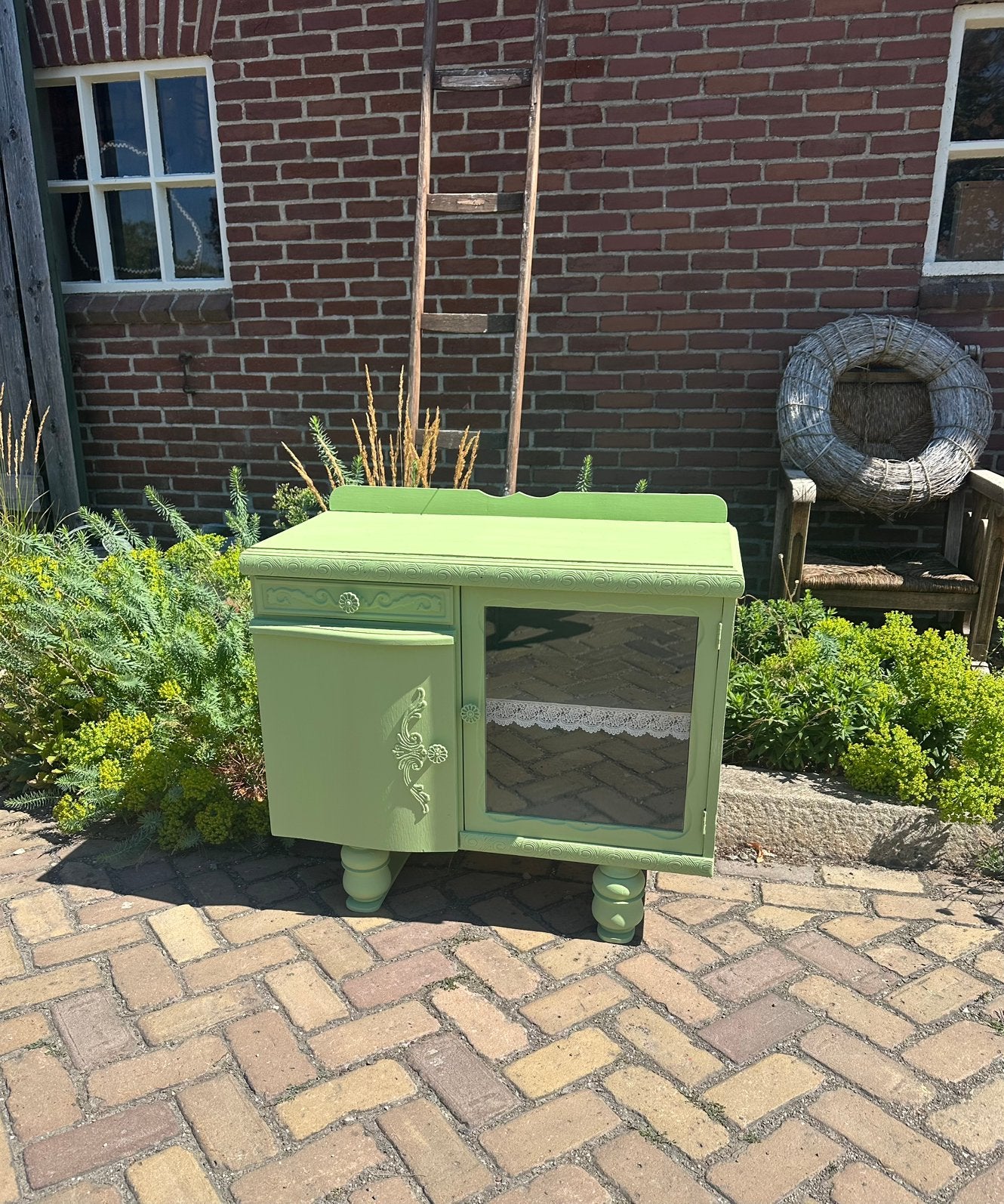 Brocante theekastje - kastje - groen - shabby chic, Ophalen, Gebruikt