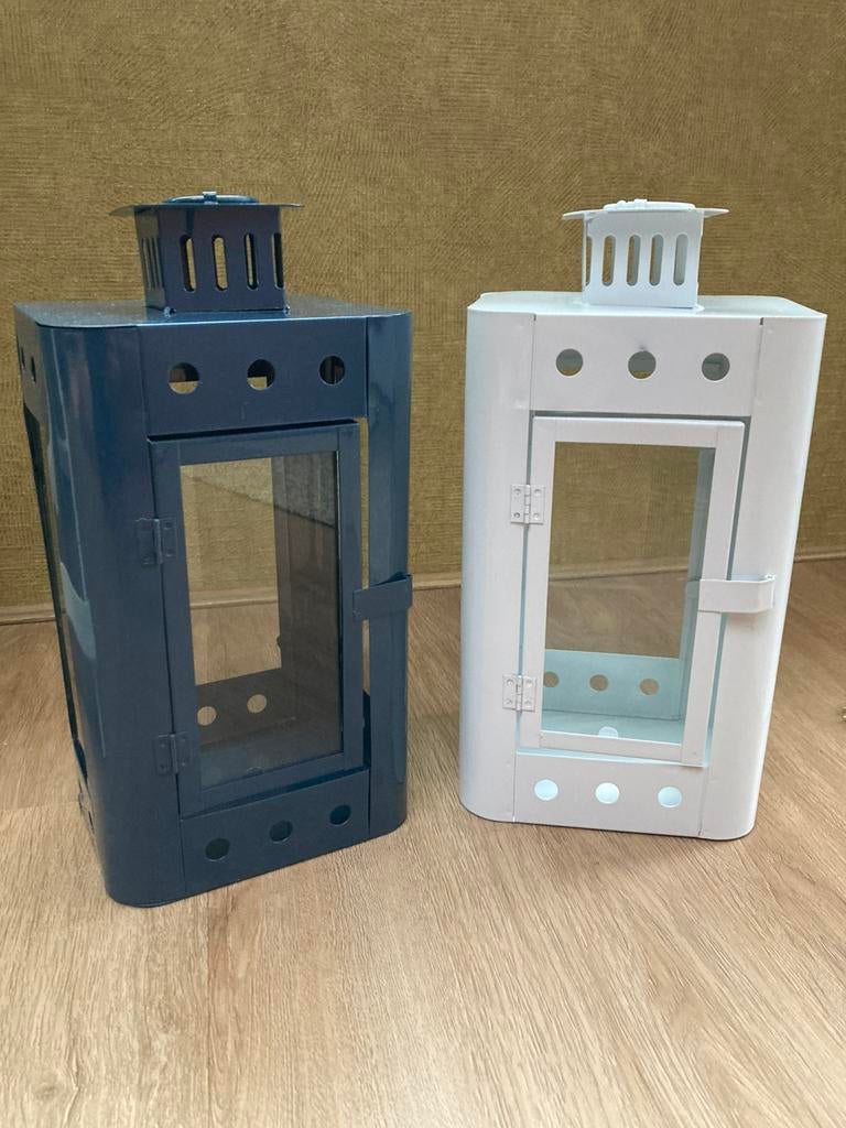 Set van 2 windlicht lantaarns, Ophalen, Zo goed als nieuw, Wit, Metaal