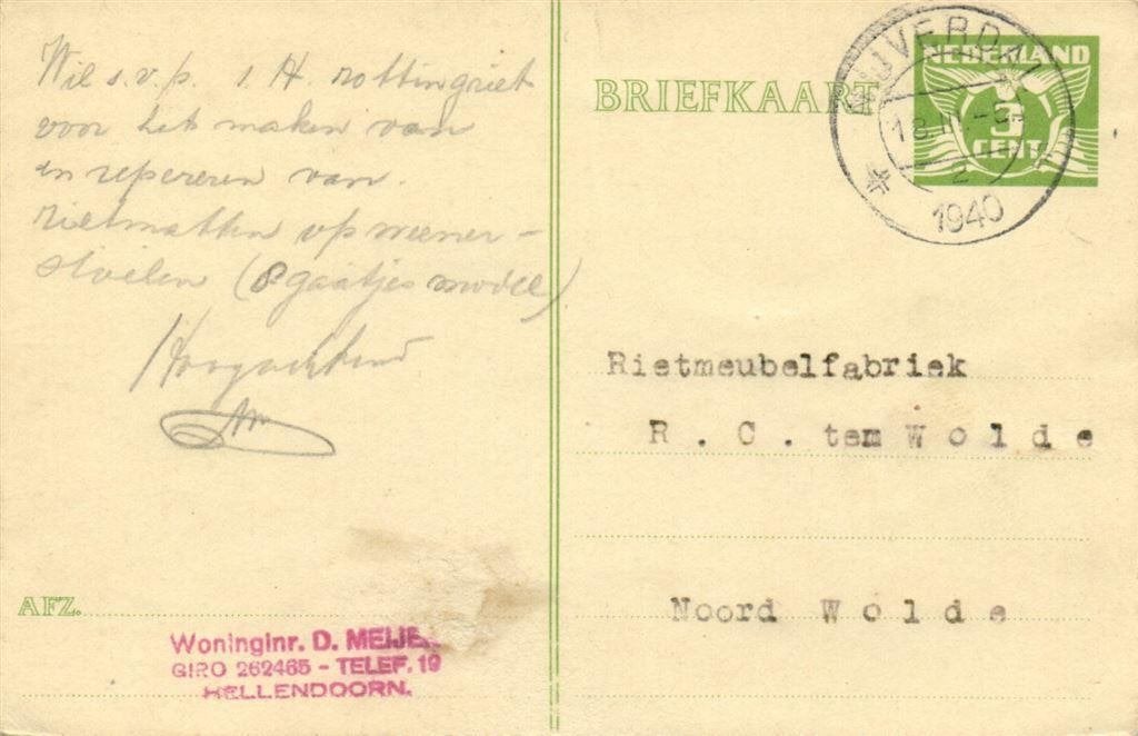 Woninginr. D. Meije, Hellendoorn - 03.1940 - briefkaart, Ophalen of Verzenden, Briefkaart