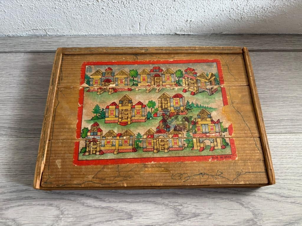 Vintage houten bouwblokken in originele doos, Ophalen of Verzenden, Gebruikt