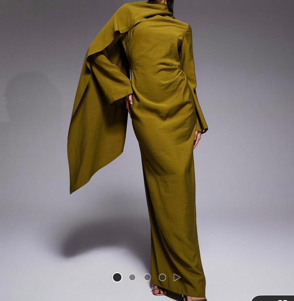 ASOS maxi jurk met lange mouwen en sjaaldetail in olijfgroen, Kleding | Dames, Galajurk, Maat 46/48 (XL) of groter, Nieuw, Ophalen of Verzenden