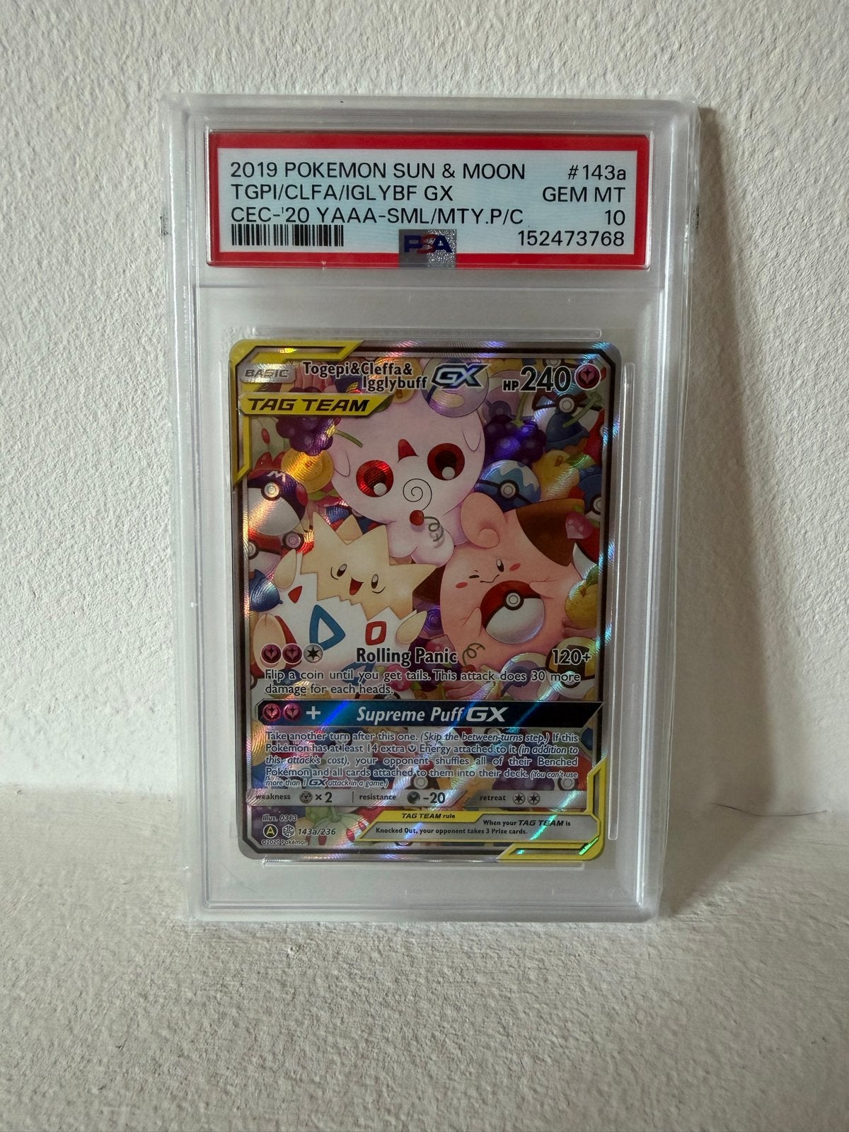 PSA 10 Togepi & Cleffa & Igglybuff GX - Sun & Moon #143a, Ophalen of Verzenden, Nieuw, Losse kaart