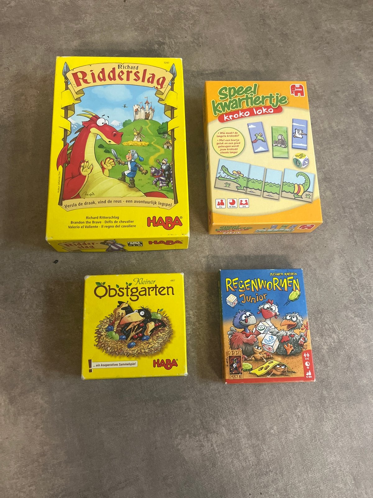 HABA Bordspellen: Ridderslag, Krokodil Kwartet, Obstgarten,, Een of twee spelers, Ophalen of Verzenden, Gebruikt