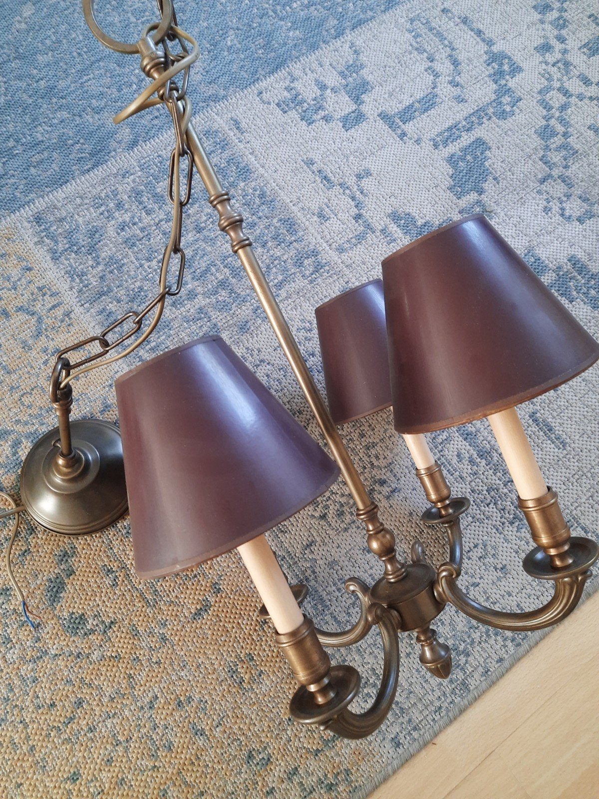 Klassieke 4-armige messing hanglamp met kapjes, Ophalen, Gebruikt, Klassiek, Metaal
