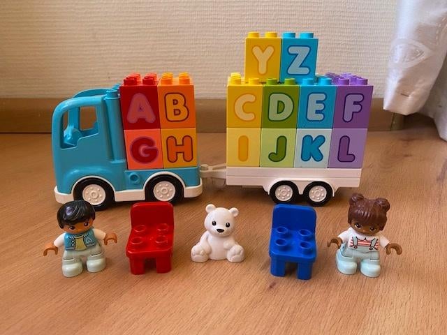 Duplo, alfabet vrachtwagen, letter leren pop beer, set 10915, Gebruikt, Ophalen of Verzenden, Compleet, Duplo