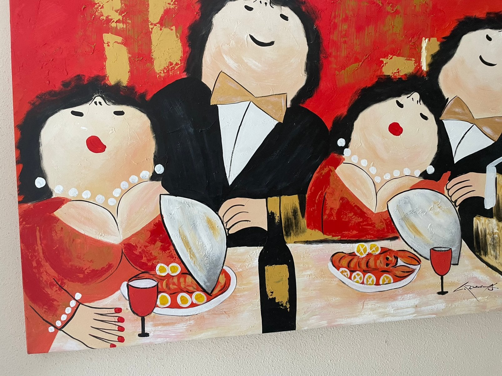 Vrolijk schilderij van etentje in restaurant, Ophalen, Portret of Personen, Handgeschilderd, Olieverf