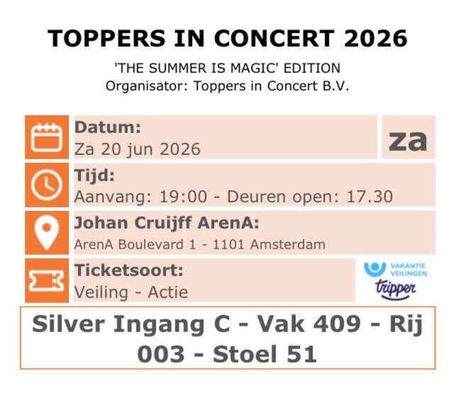 Kaartje toppers in  concert zaterdag 20 juni, Eén persoon, Juni, Rock