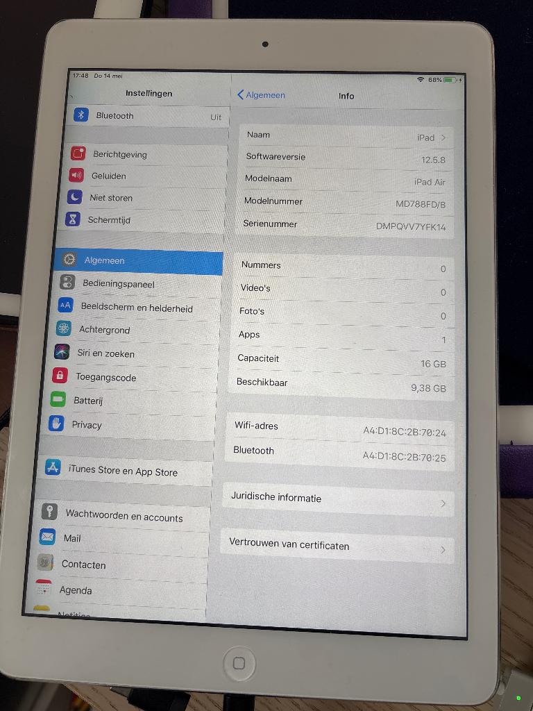 Apple iPad air 2014 16gb, Computers en Software, Apple iPads, 10 inch, Wit, Apple iPad Air, Ophalen of Verzenden