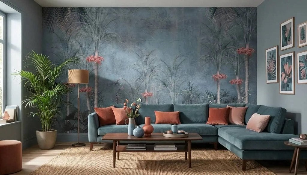 Jungle behang – fijne palmen in blauwgrijs en oudroze, Natuurlijk, Overige merken, Ophalen of Verzenden, Blauw