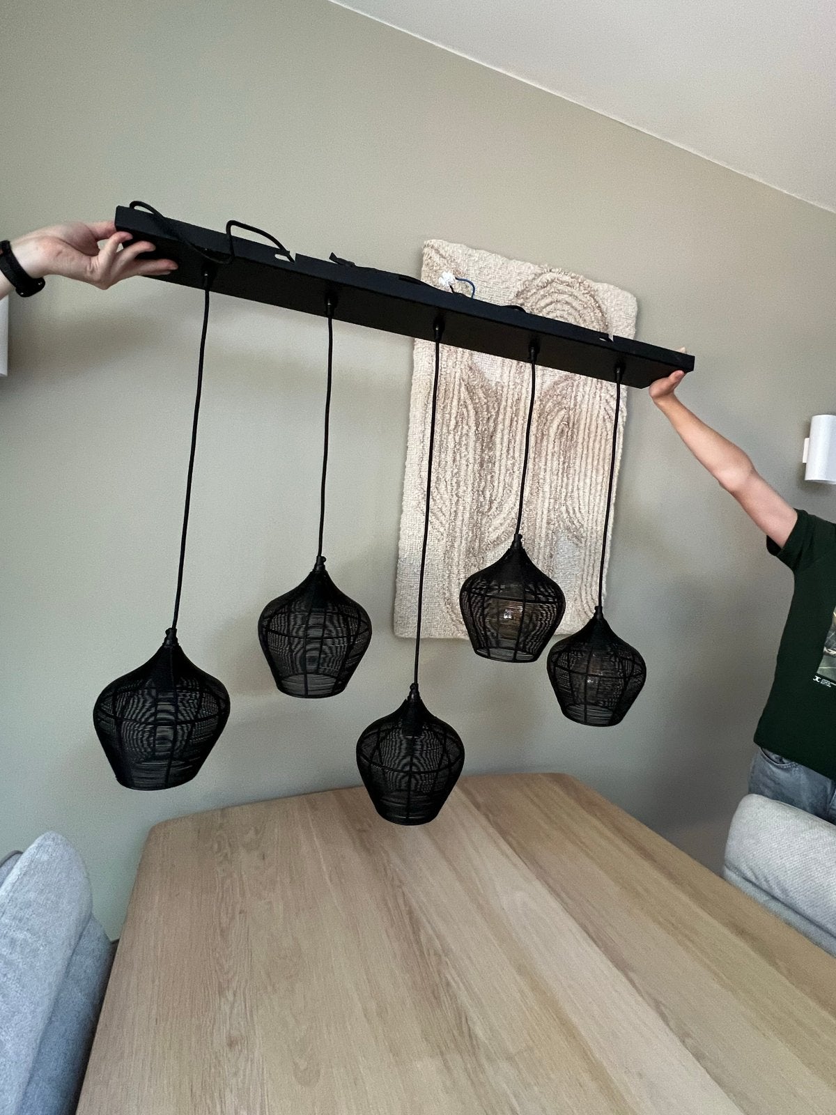 Zwarte hanglamp met 5 kappen - breedte 100 cm, Ophalen, Gebruikt, Metaal, E27 (groot)