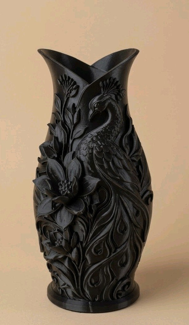 Kunststof vaas met bloemen reliëf zwart decoratie, Ophalen of Verzenden