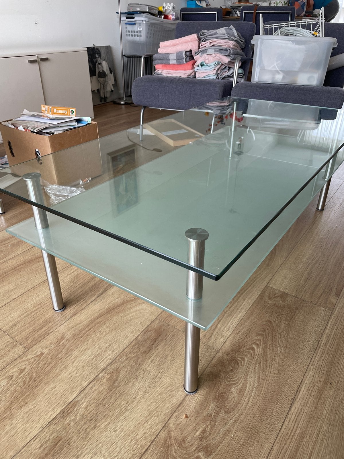 Glazen salontafel met twee niveaus, Ophalen, Gebruikt, 100 tot 150 cm, 50 tot 100 cm