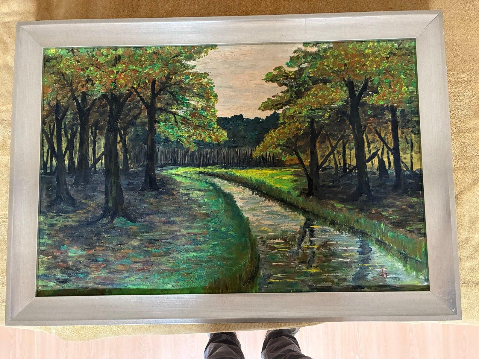 Schilderij Landschap met Water en Bomen, Ophalen, Doek, Realistisch, Gesigneerd