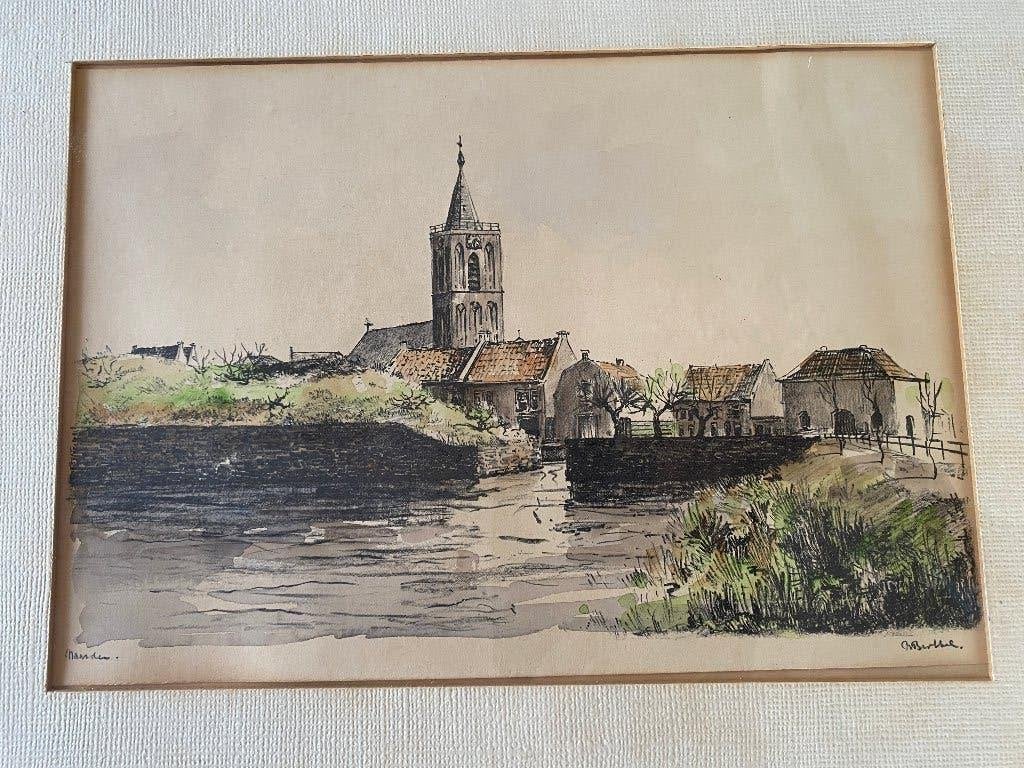 Ingekleurde ets van B. Brobbel, Ets, Origineel, Architectuur, Ophalen of Verzenden