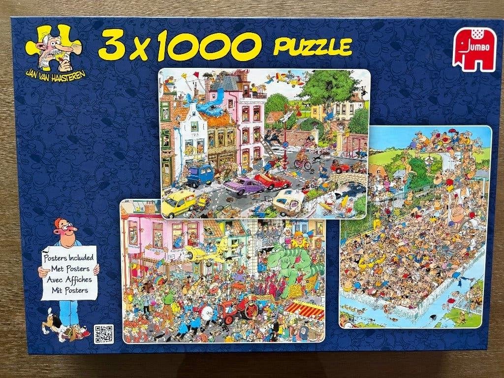 Puzzle's Jan van Haasteren Combi 3 x1000 stukje.  (W), Ophalen of Verzenden, 500 t/m 1500 stukjes, Zo goed als nieuw, Legpuzzel