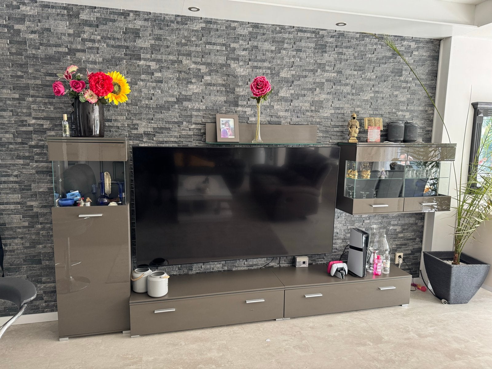 Moderne woonkamerkastenset - Hoogglans taupe, Ophalen, Overige materialen, Gebruikt, 100 tot 150 cm
