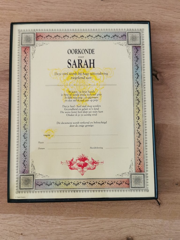 Sarah oorkonde, Ophalen of Verzenden, Zo goed als nieuw, Feestartikel, Abraham of Sarah