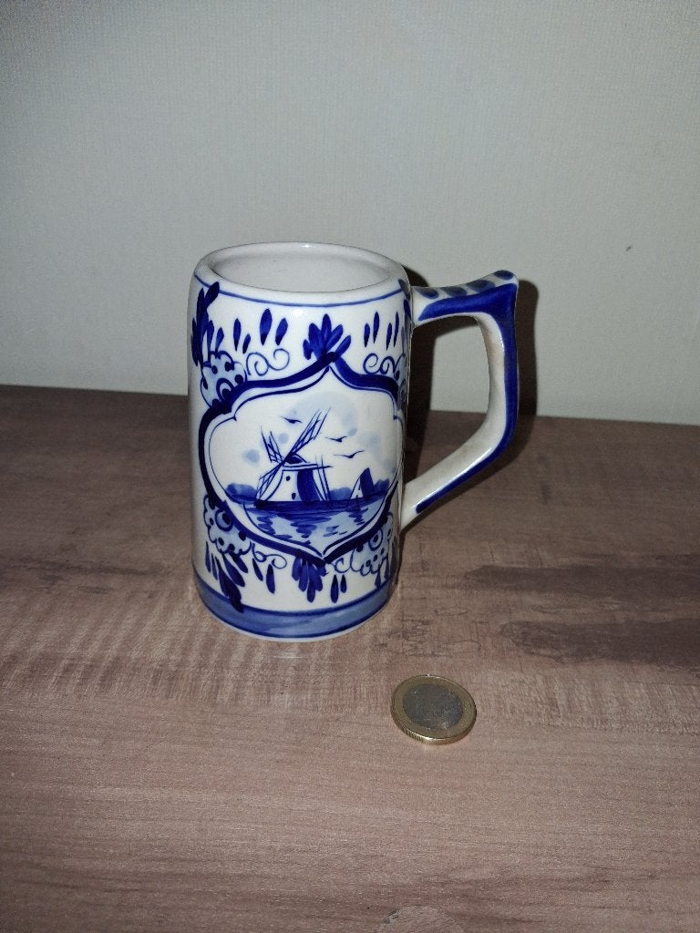 Delfts blauwe bierpul / mok – handgeschilderd met molen, Ophalen of Verzenden