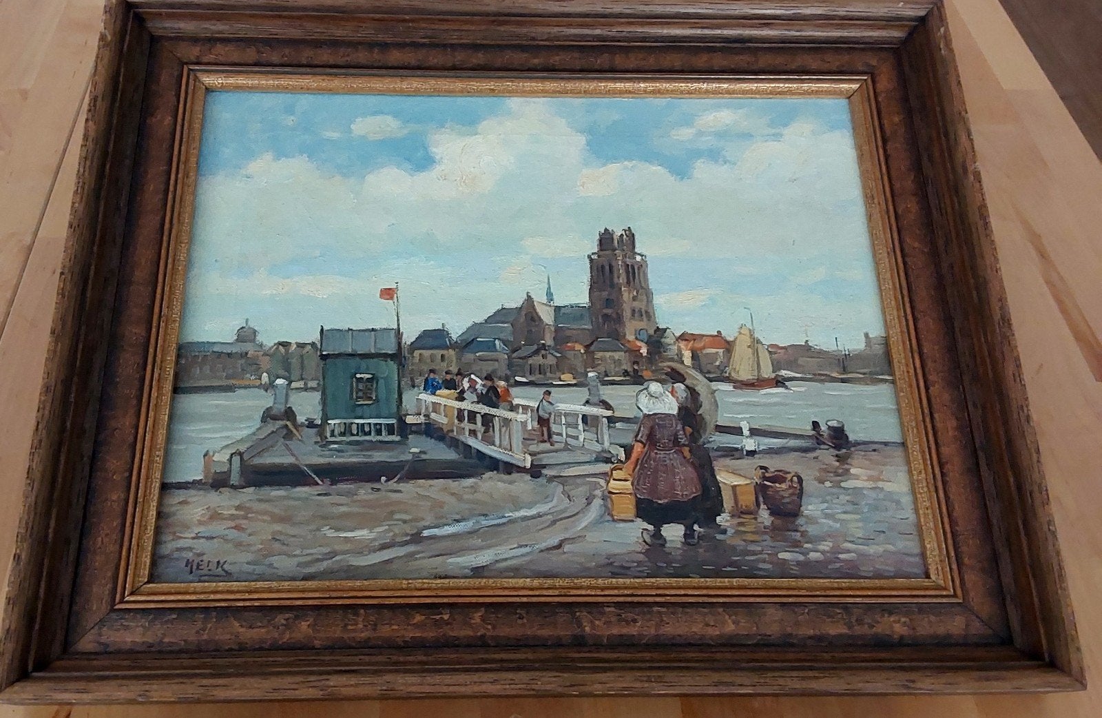 Olieverfschilderij Stadsgezicht met Haven en Personen, Ophalen, Doek, Realistisch, Olieverf