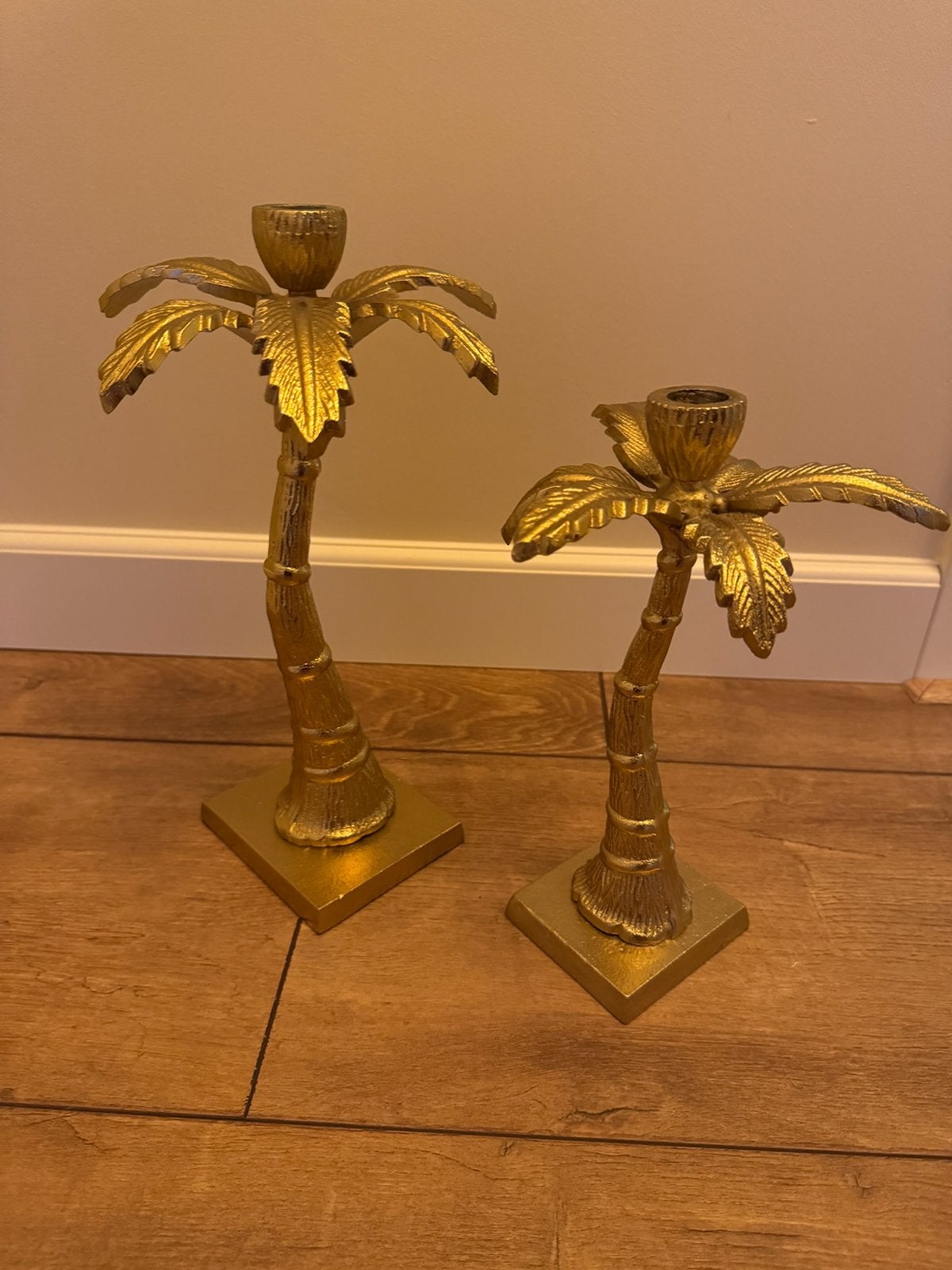 Gouden Palmboom Kandelaars Set - Tropische Sfeer, Ophalen of Verzenden, Zo goed als nieuw, Metaal, Kandelaar