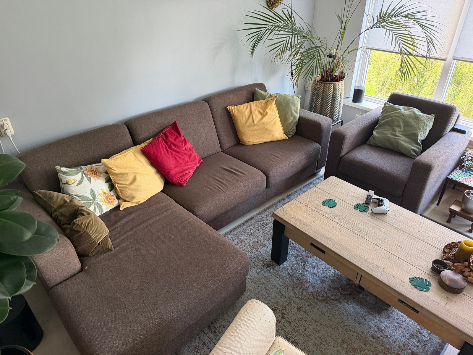 Hoekbank met fauteuil - Bruin stof, Huis en Inrichting, Ophalen, 250 tot 300 cm, Gebruikt, Hoekbank