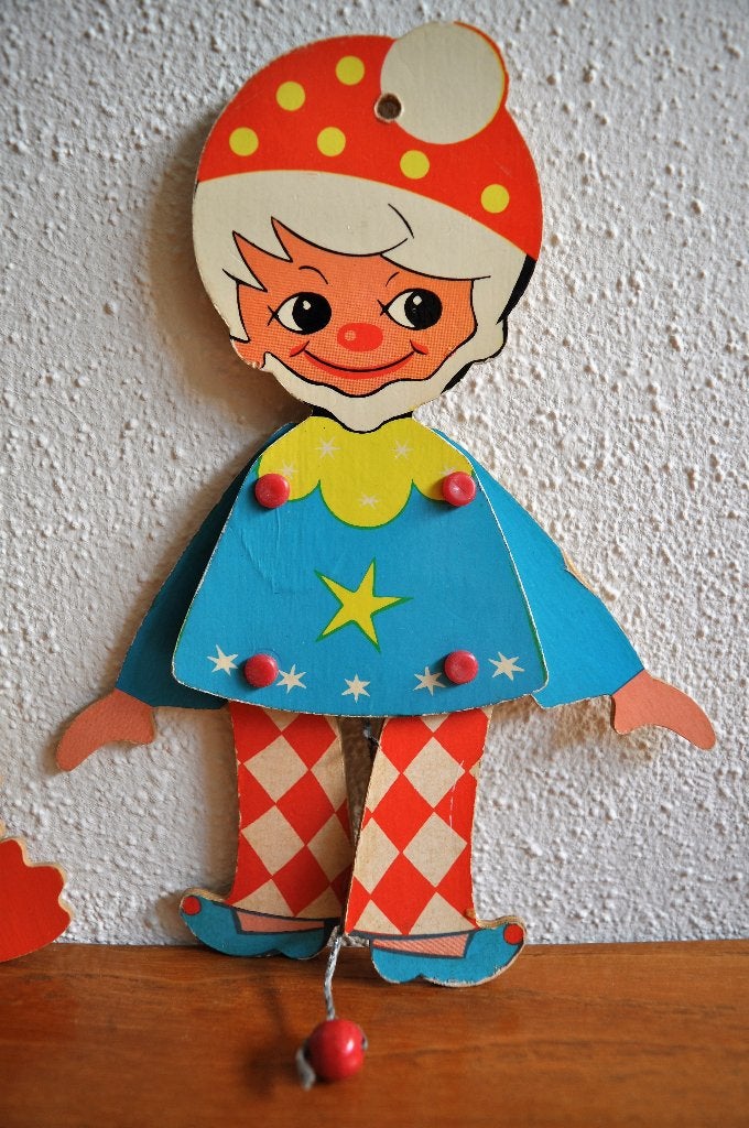 Trekfiguur Clown Kabouter Hout 23 cm 1960s, Ophalen of Verzenden