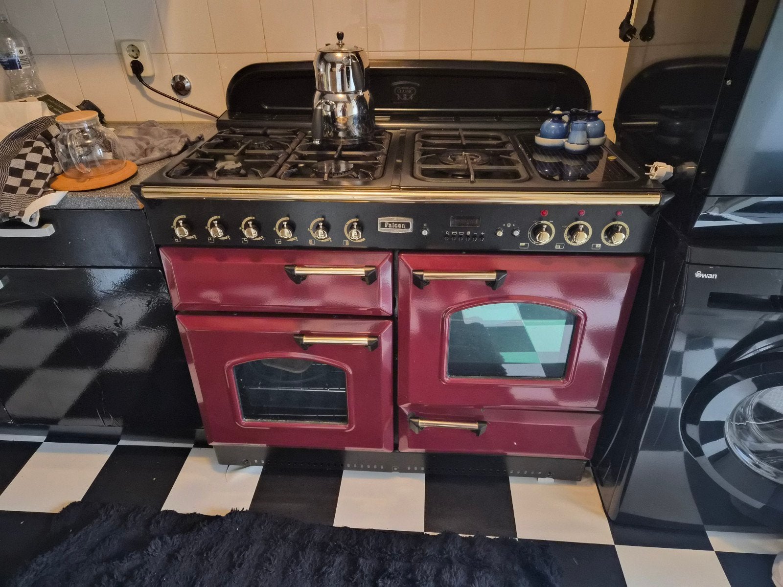 Falcon gasfornuis met dubbele oven - Rood/Zwart, Witgoed en Apparatuur, Ophalen