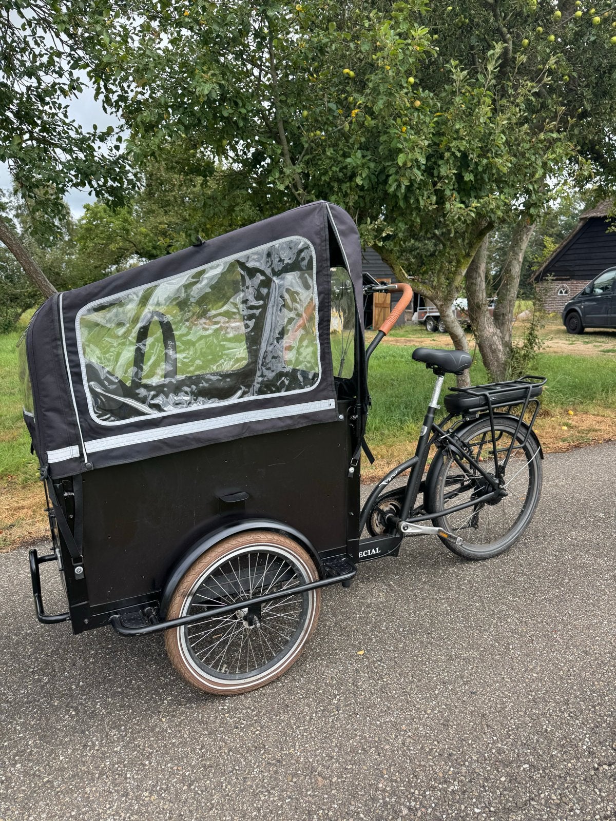 Elektrische Bakfiets Troy met Huif en Kinderzitje, Gebruikt, Elektrisch, 2 kinderen, Schijfrem