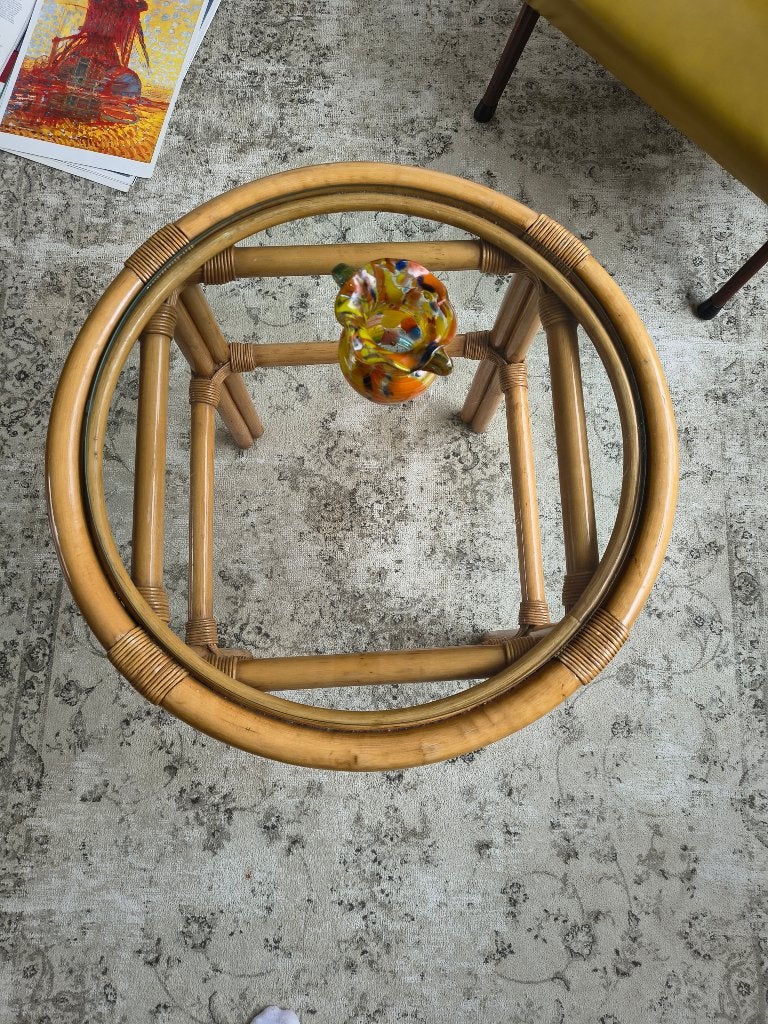 Vintage rotan salontafel met glazen blad, 50 tot 100 cm, Zo goed als nieuw, Onbekend, Onbekend