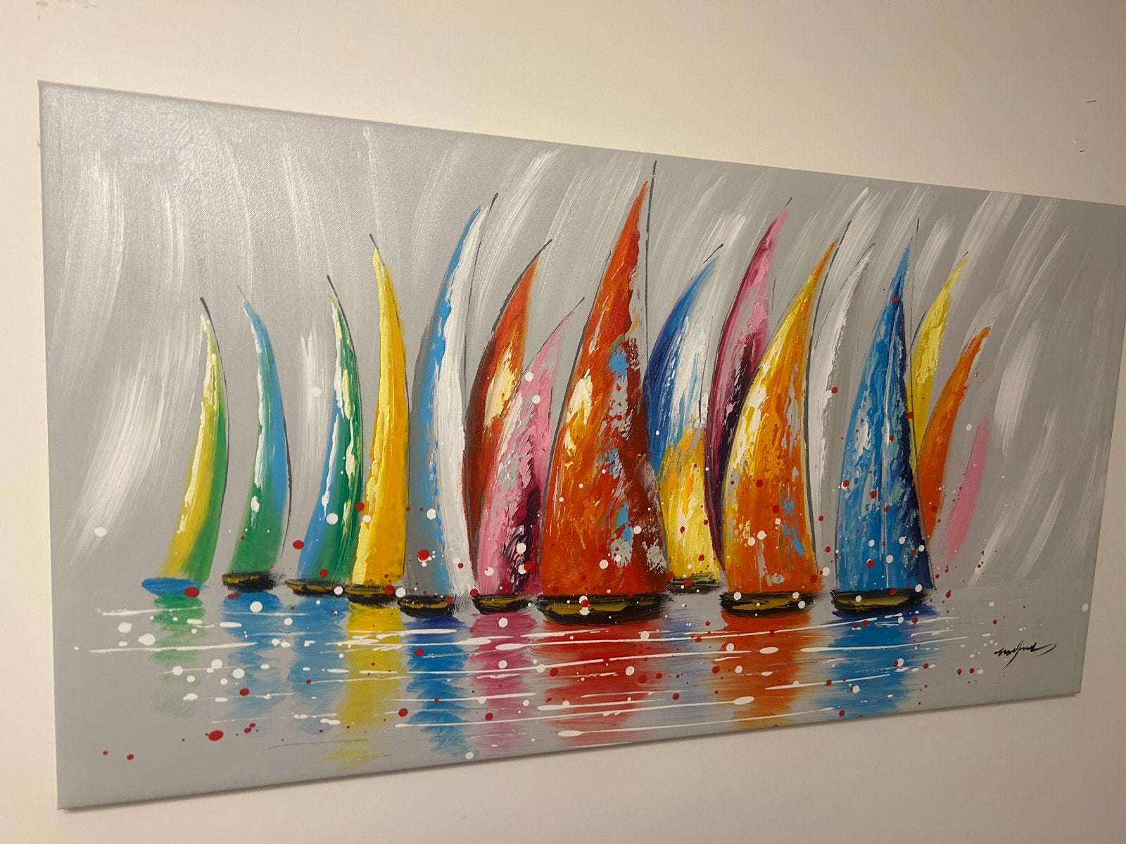 Schilderij met kleurrijke zeilboten op canvas, Ophalen
