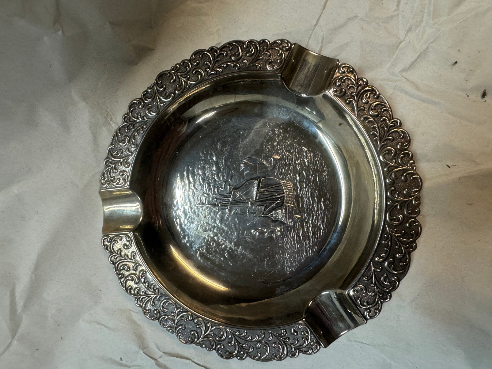 vintage verzilverde asbak  afbeelding van een galjoen, Ophalen