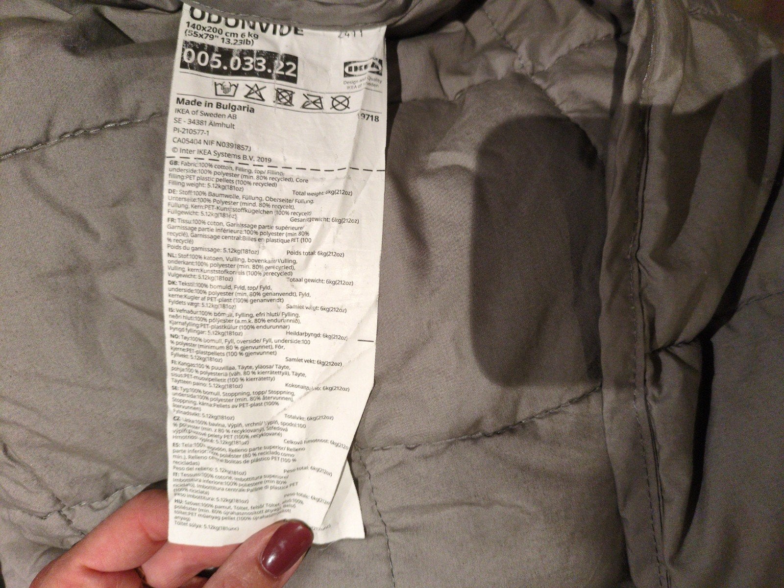 IKEA ODINVIDE Verzwaarde Deken 140x200 cm, 6 kg, Huis en Inrichting, Slaapkamer | Beddengoed, Ophalen, Eenpersoons, Grijs, Deken of Dekbed