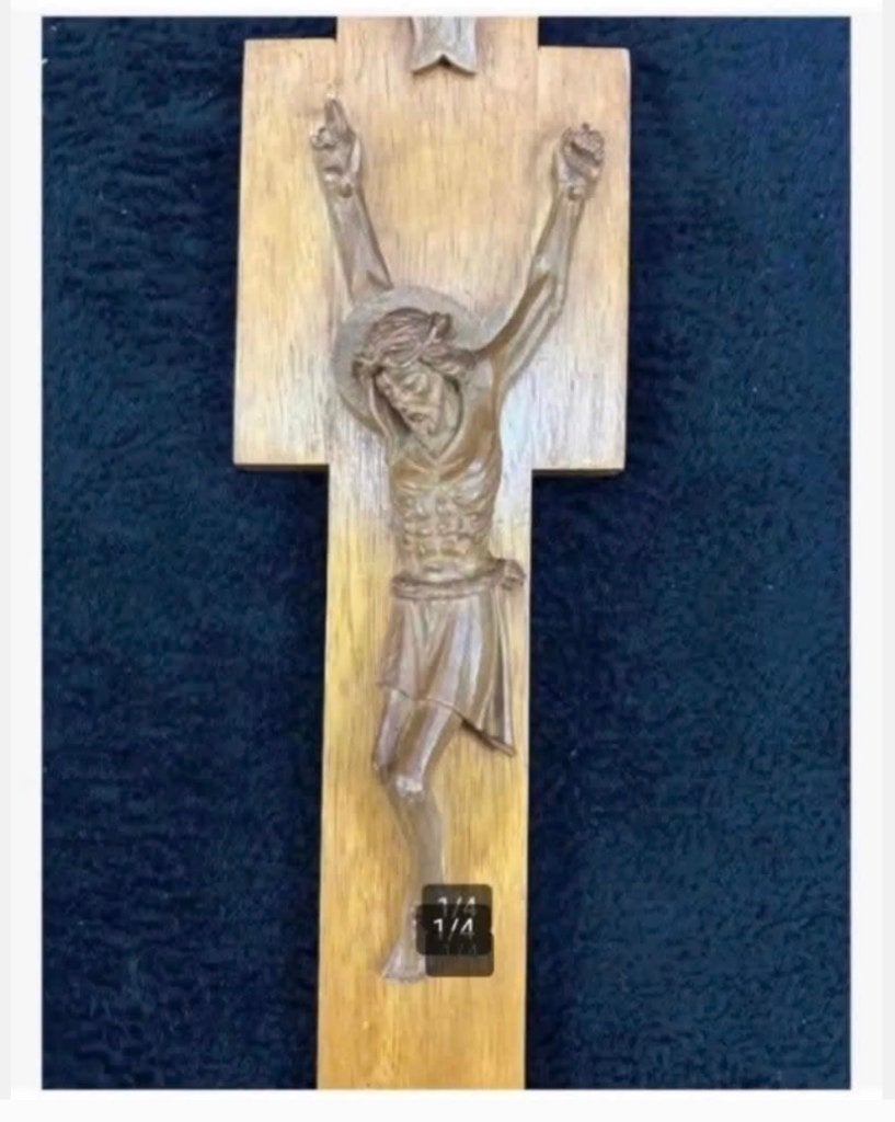 Antiek religieus beeld Jezus aan kruis, zeer oud, 35 x 11 cm, Antiek en Kunst, Antiek | Religie, Ophalen of Verzenden