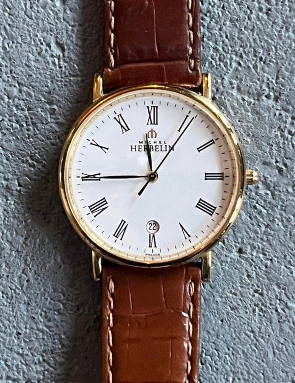 Michel Herbelin heren pols horloge verguld gold plated goud, Ophalen, Zo goed als nieuw, Leer, Overige merken