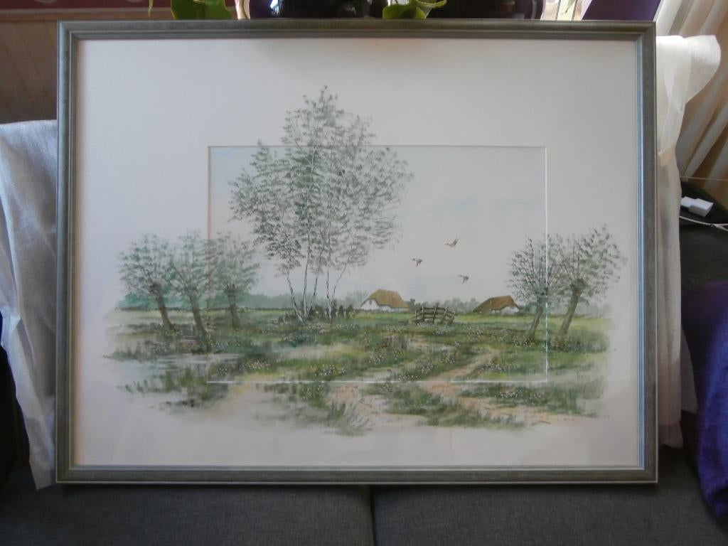Kunst schilderij Jan Thiele weiland aquarel tekening boerder, Antiek en Kunst, Ophalen