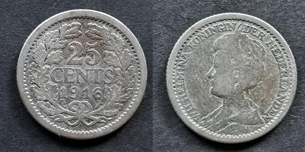25 cent 1916 Wilhelmina zilver, Postzegels en Munten, Munten | Nederland, Verzenden, Koningin Wilhelmina, 25 cent, Zilver