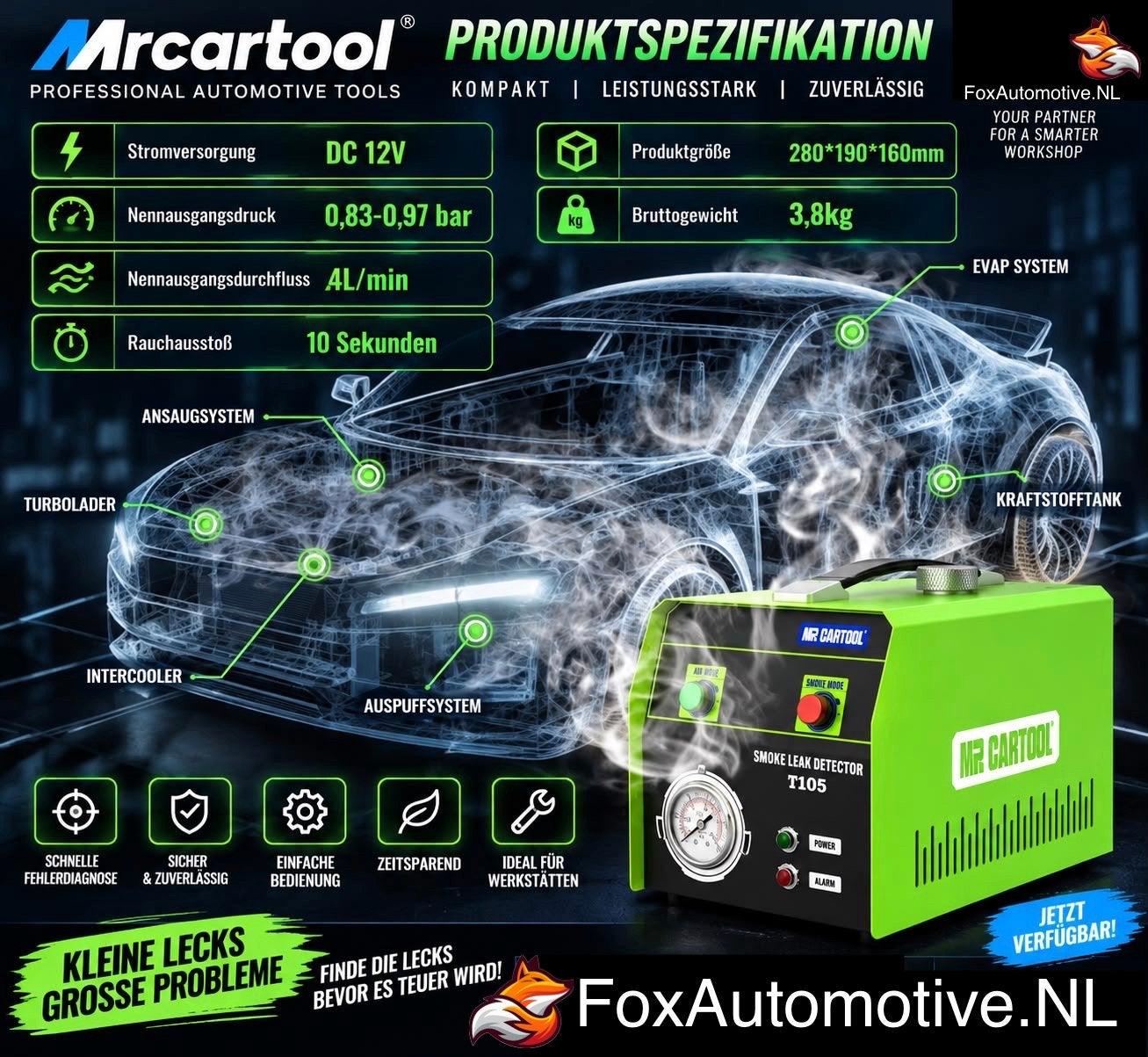Mr Cartool Rookmachine T105 lekopsproring voordeelaanbod, Auto diversen, Ophalen of Verzenden