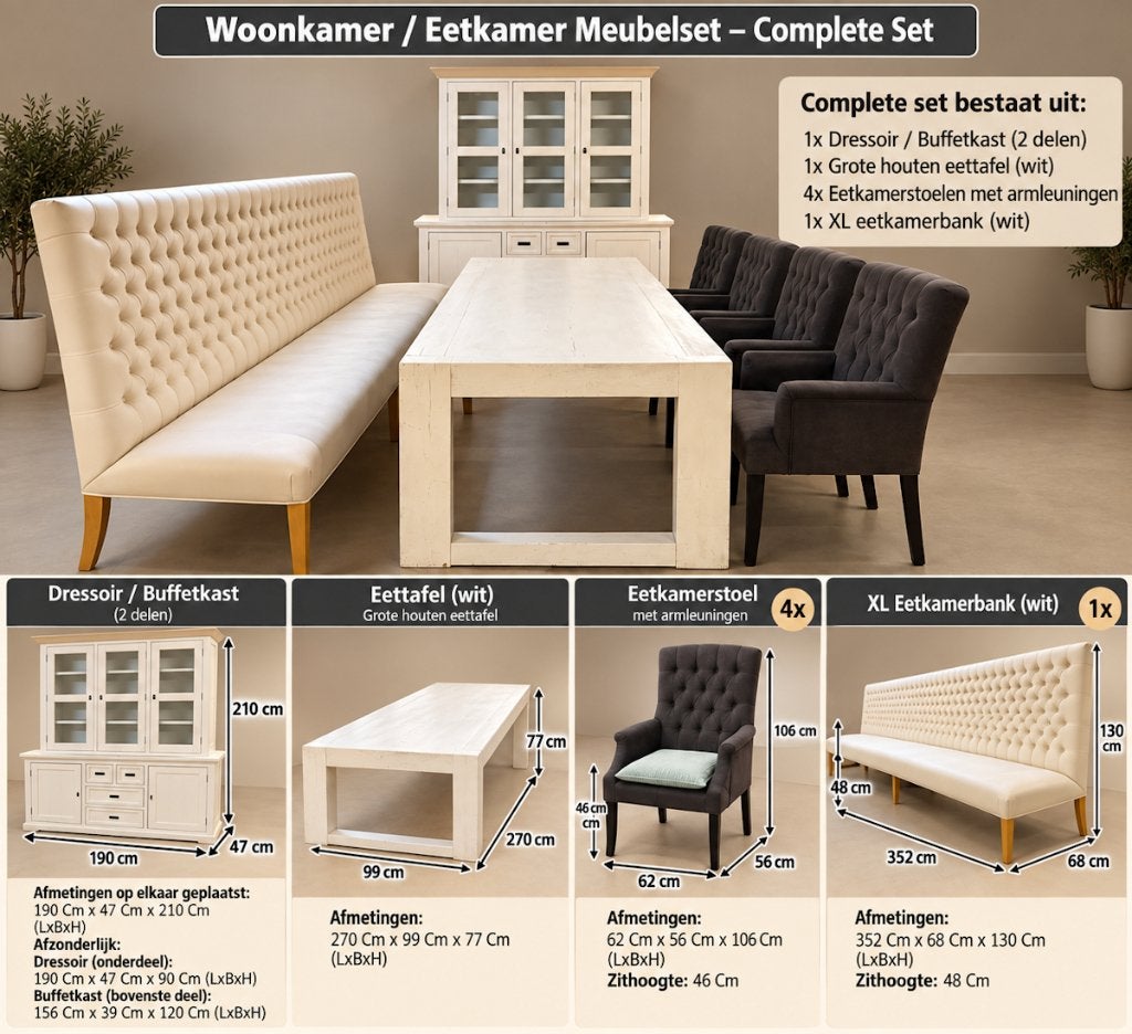 Foto 9 van Complete XL Eetkamerset: Tafel, Bank, Buffetkast & 4 Stoelen