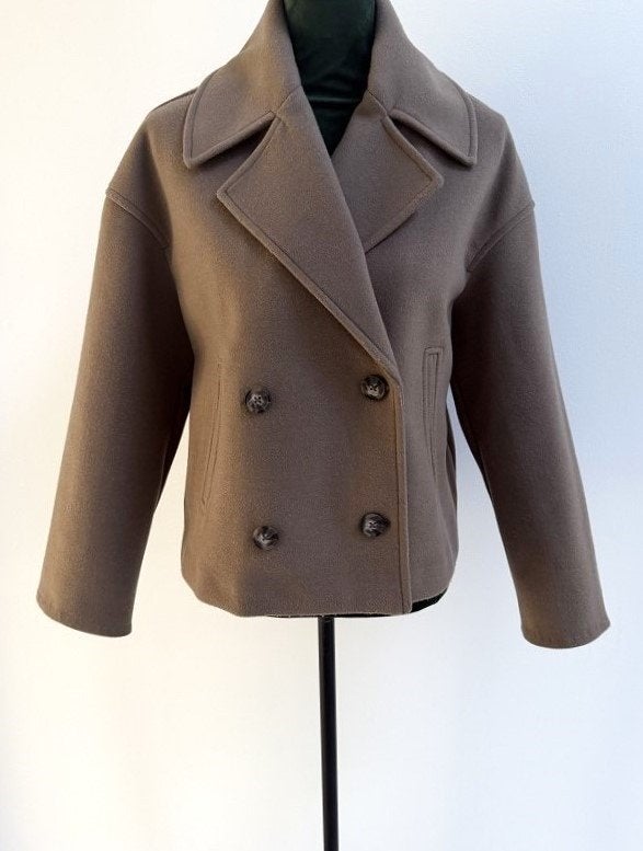 Z.G.A.N! Stradivarius double breasted wol-look jas taupe XS, Bruin, Verzenden, Zo goed als nieuw, Maat 34 (XS) of kleiner
