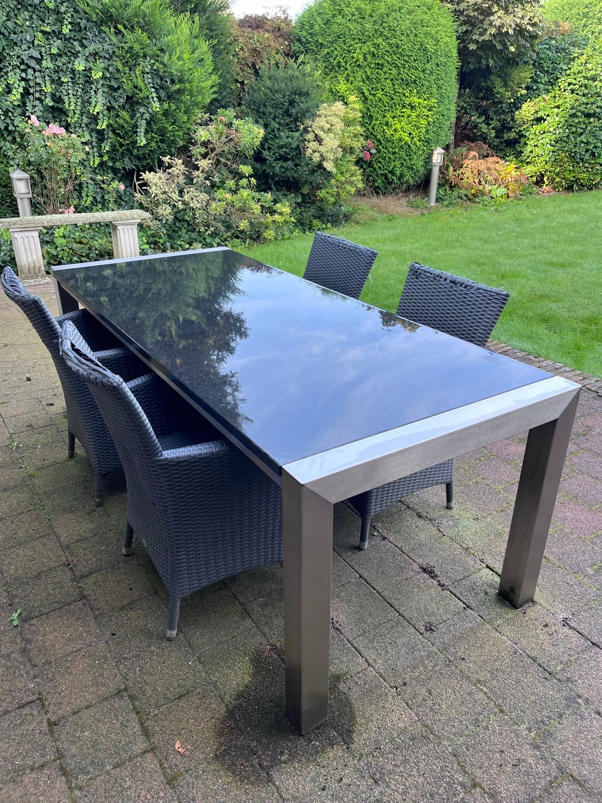 RVS tuintafel met gepolijst granieten blad (216x90x75), Ophalen, Gebruikt, Rechthoekig, Rvs
