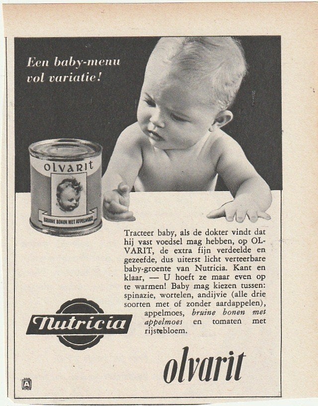 retro reclame 1952 Nutricia Olvarit tracteer uw baby, Verzamelen, Verzenden, Overige typen
