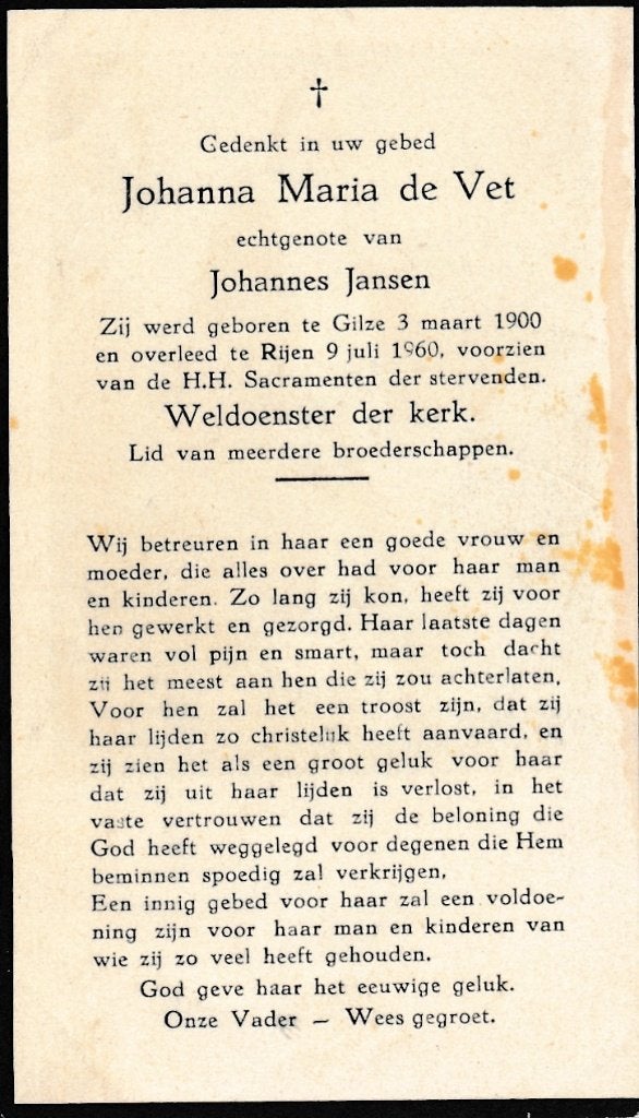 Vet Johanna 1900 Gilze 1960 Rijen, Ophalen of Verzenden, Bidprentje