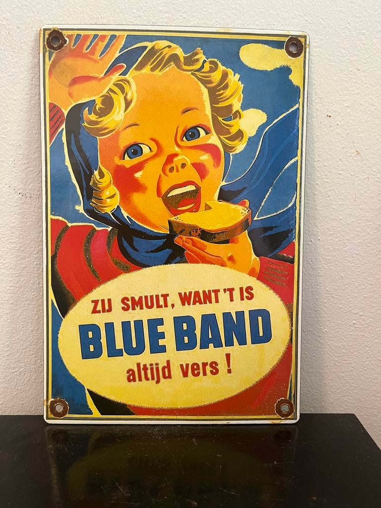 Vintage Blue Band Emaille Reclamebord - Nostalgisch, Verzamelen, Ophalen of Verzenden, Gebruikt, Reclamebord