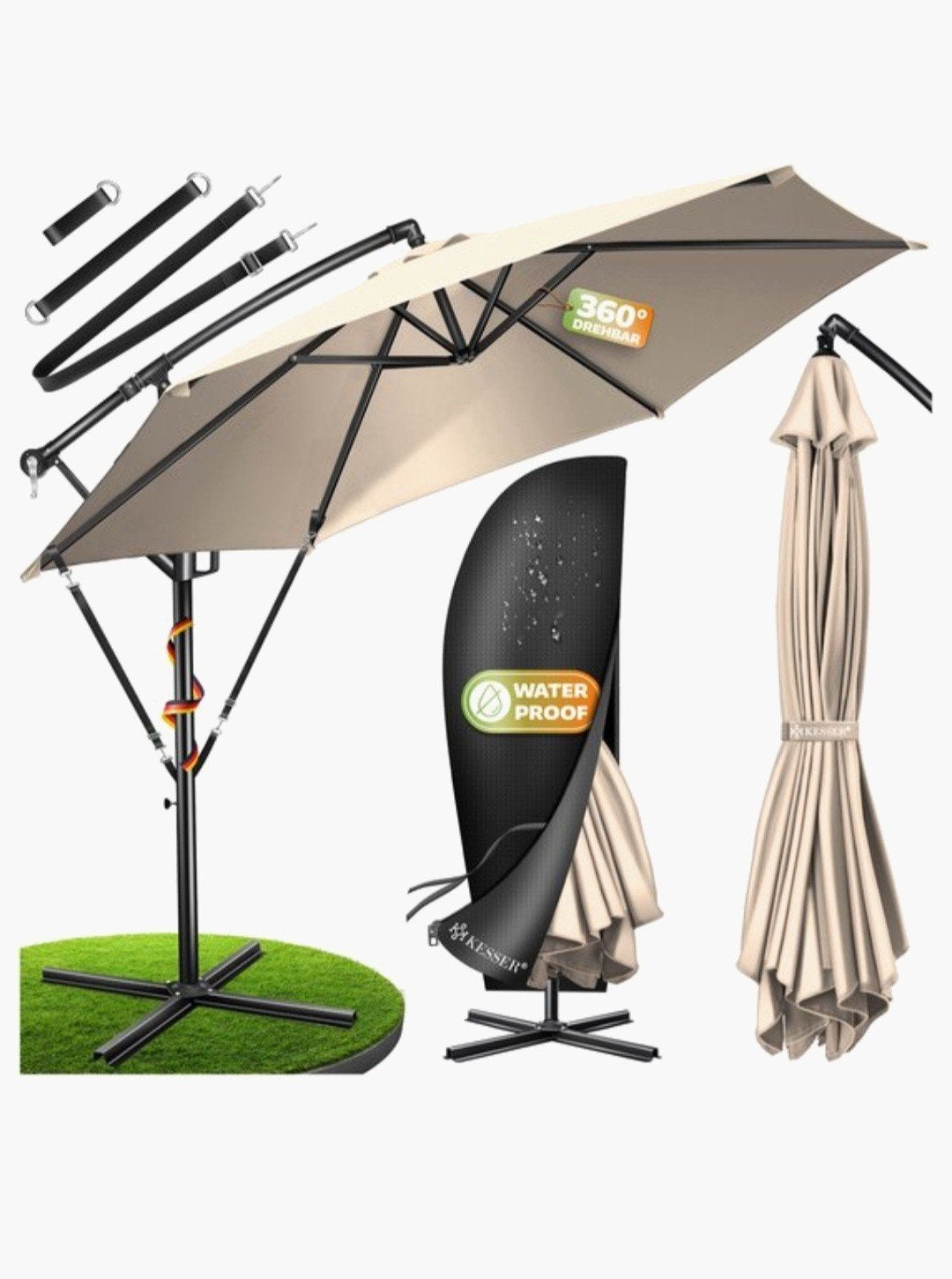 Zweefparasol (beige) met voet  Ø300/350 cm & Beschermhoes, Ophalen, Nieuw, Zweefparasol, Verstelbaar