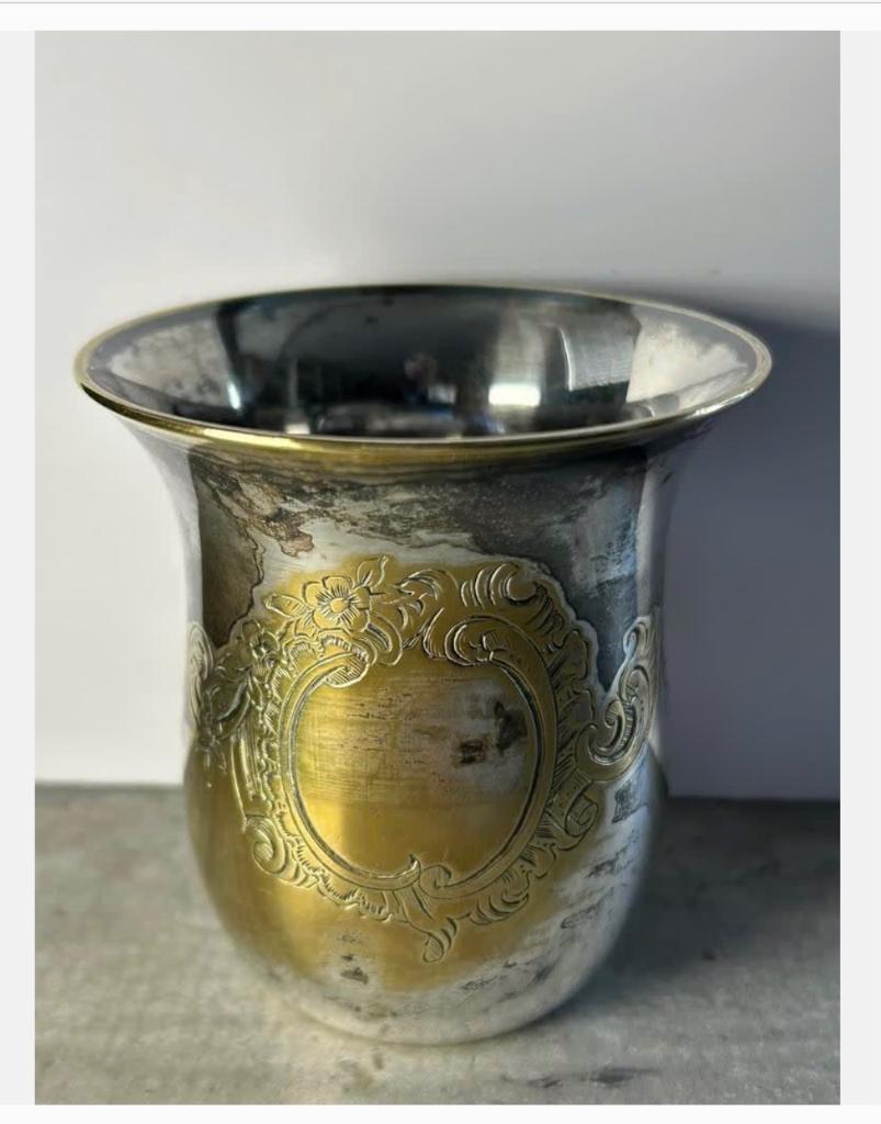 Heel oud antiek lepelvaasje, verzilverd koper, 8 cm, Antiek en Kunst, Curiosa en Brocante, Ophalen of Verzenden