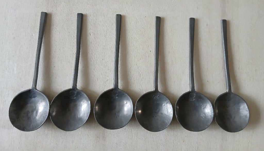 Set van 6 oude tinnen lepels, model rattenstaart., Ophalen of Verzenden