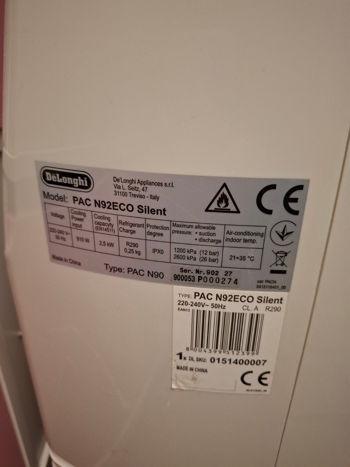 De'Longhi Pinguino PAC N92 ECO Silent Mobiele Airco, Ophalen, Gebruikt, 3 snelheden of meer, Afstandsbediening