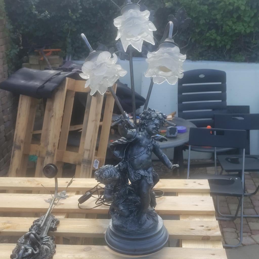 Antieke Engelen brons Lampen Set - Tafellamp en Wandlamp, Antiek en Kunst, Ophalen of Verzenden