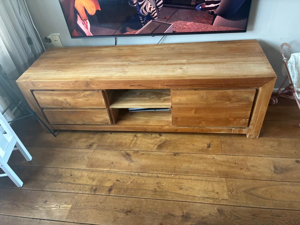 Massief teak houten tv meubel, Ophalen, Gebruikt, 150 tot 200 cm, Minder dan 100 cm